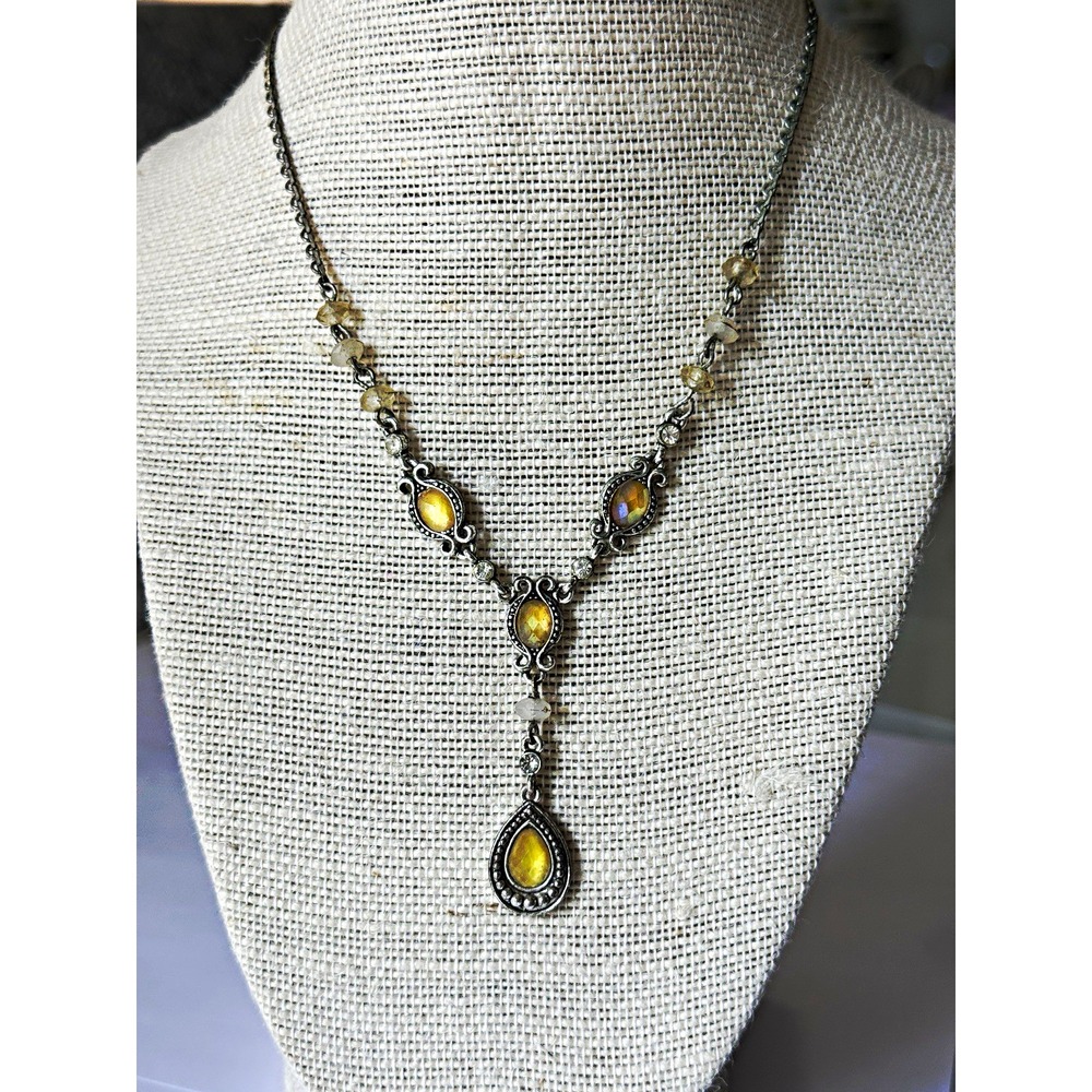 Avon Honor Society VTG Silver Tone Y-Drop Teardrop Necklace Yellow Stones